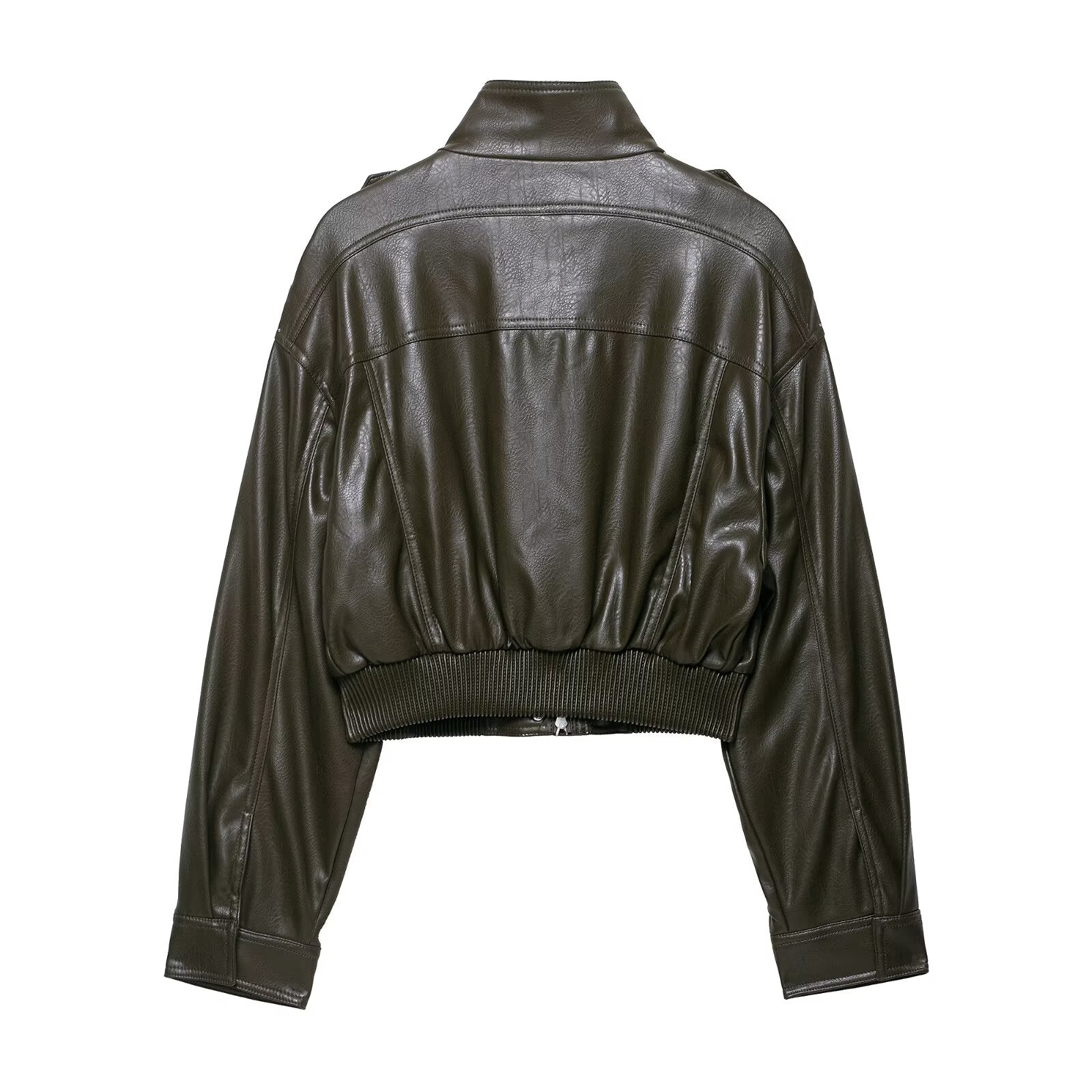 Moderne PU-Lederjacke - Bomber-Stil mit Stehkragen in Olivgrün