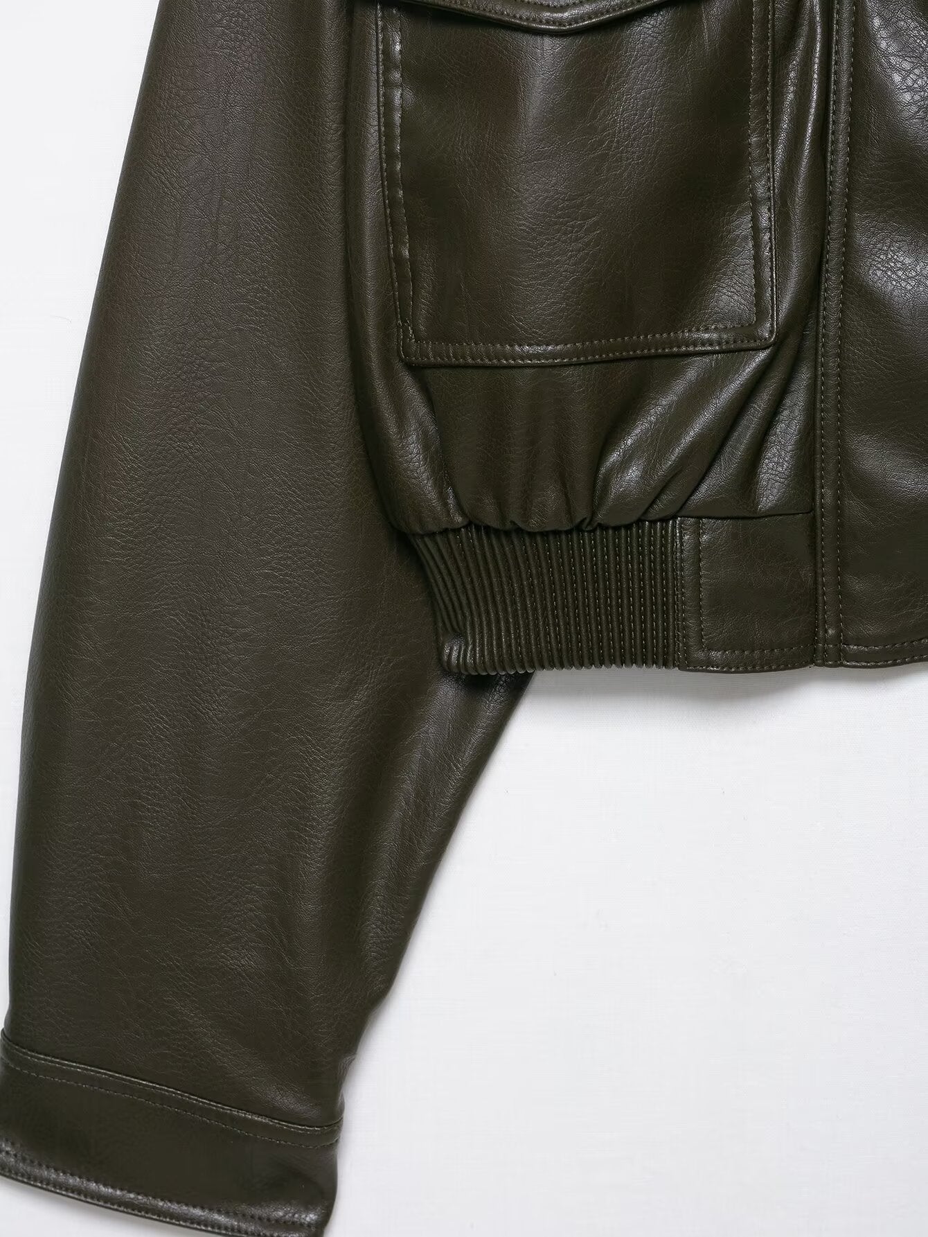 Moderne PU-Lederjacke - Bomber-Stil mit Stehkragen in Olivgrün