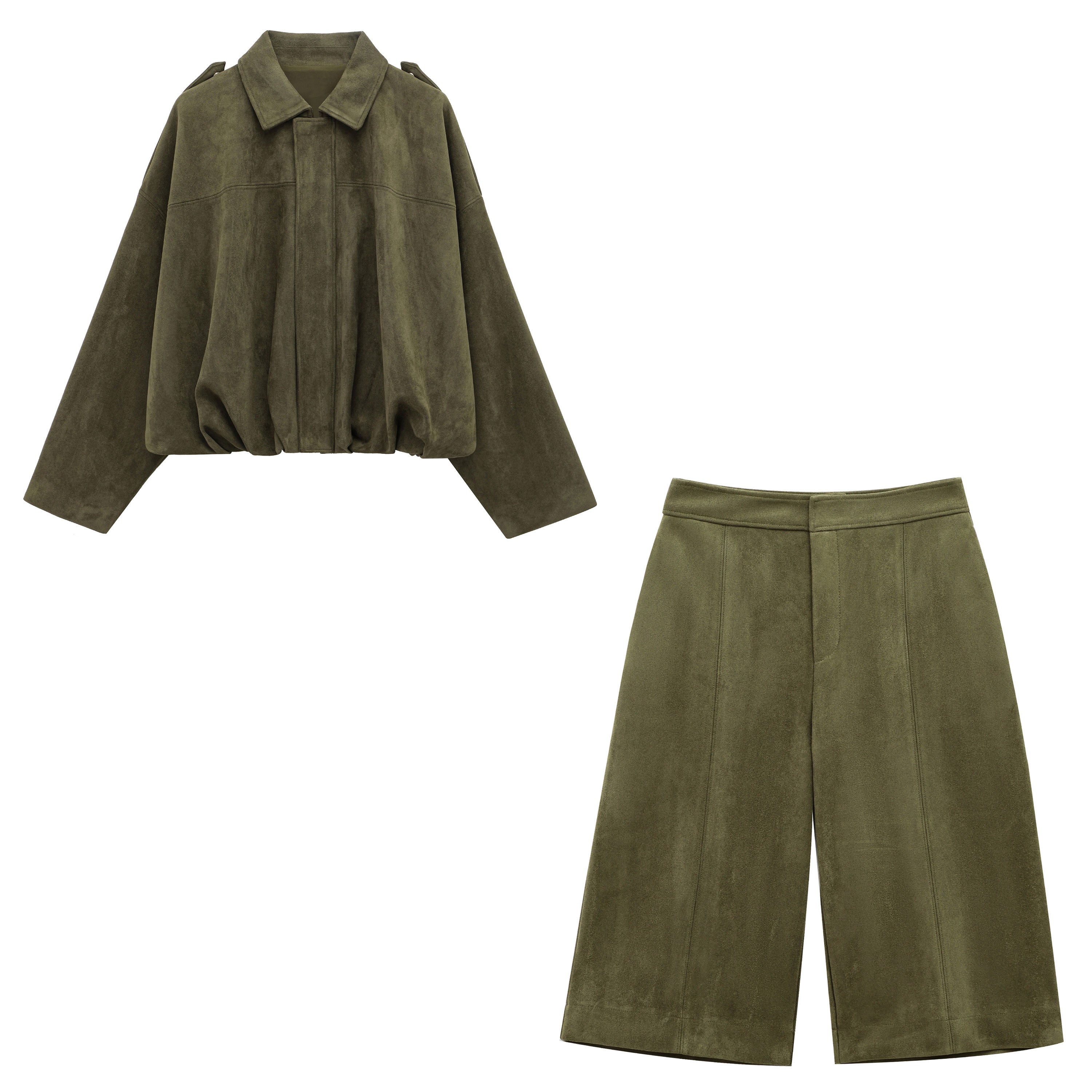 Wildleder-Optik Set: Cropped Jacke & Weite Culotte-Hose