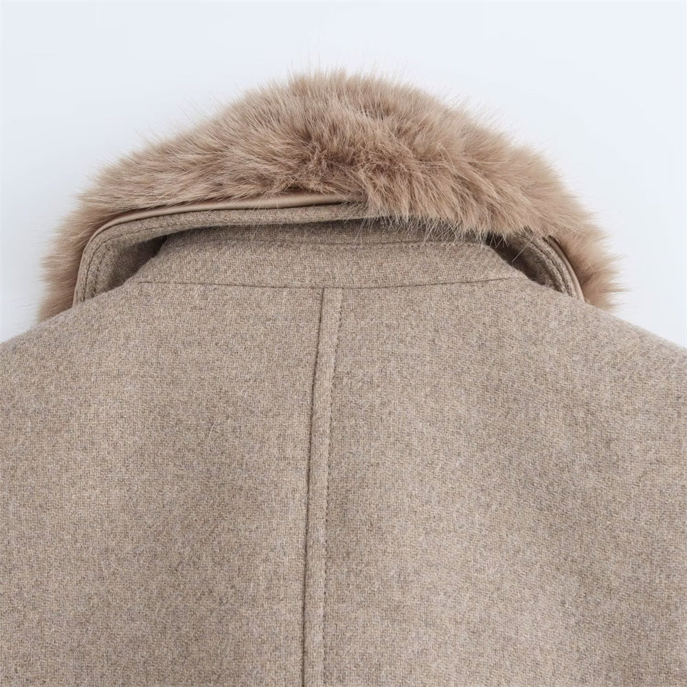 Eleganter Wollmantel mit Kunstfellkragen – Langer Mantel mit Bindegürtel