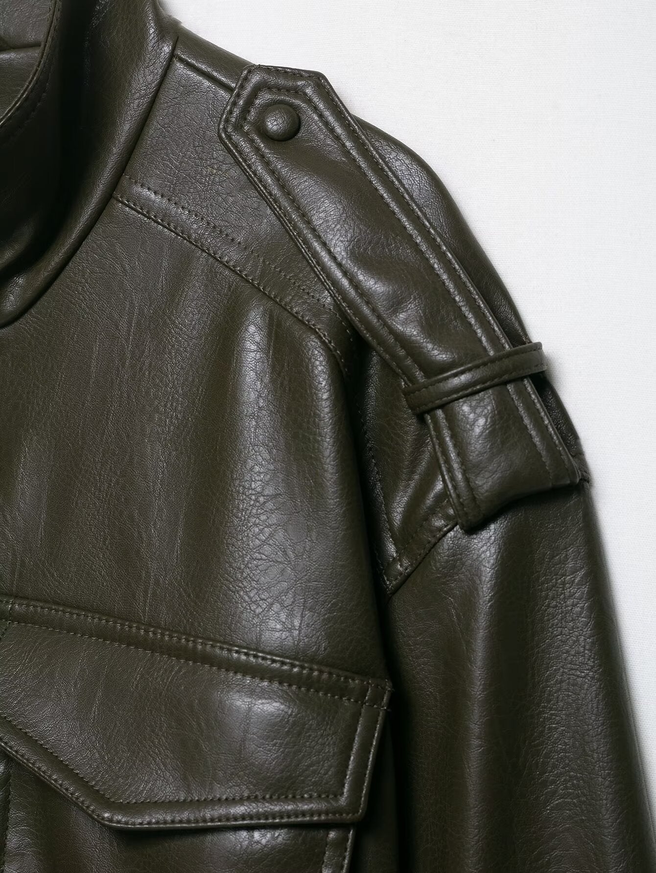 Moderne PU-Lederjacke - Bomber-Stil mit Stehkragen in Olivgrün