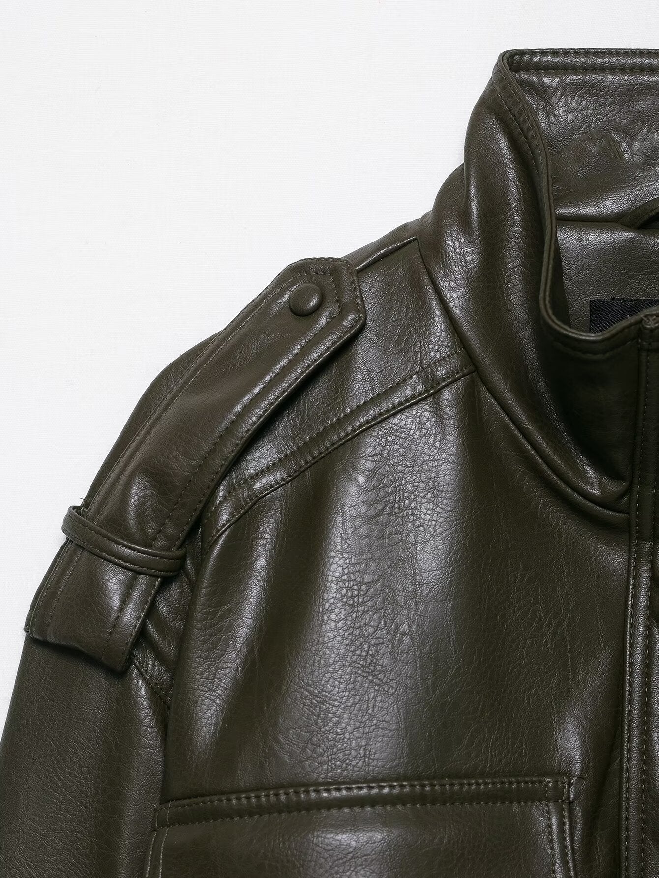 Moderne PU-Lederjacke - Bomber-Stil mit Stehkragen in Olivgrün