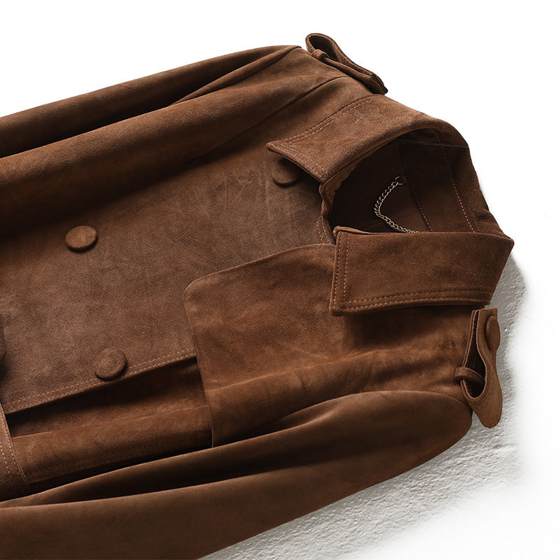 Exklusiver Trenchcoat aus echtem Wildleder – Klassischer Ledermantel mit Bindegürtel