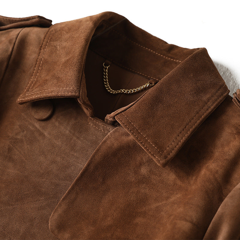 Exklusiver Trenchcoat aus echtem Wildleder – Klassischer Ledermantel mit Bindegürtel