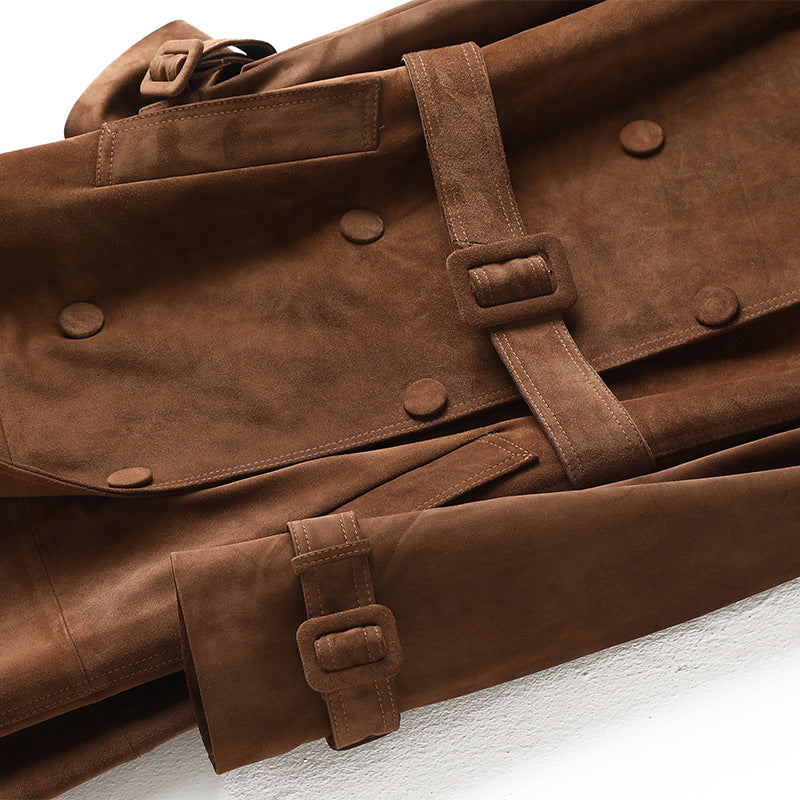 Exklusiver Trenchcoat aus echtem Wildleder – Klassischer Ledermantel mit Bindegürtel